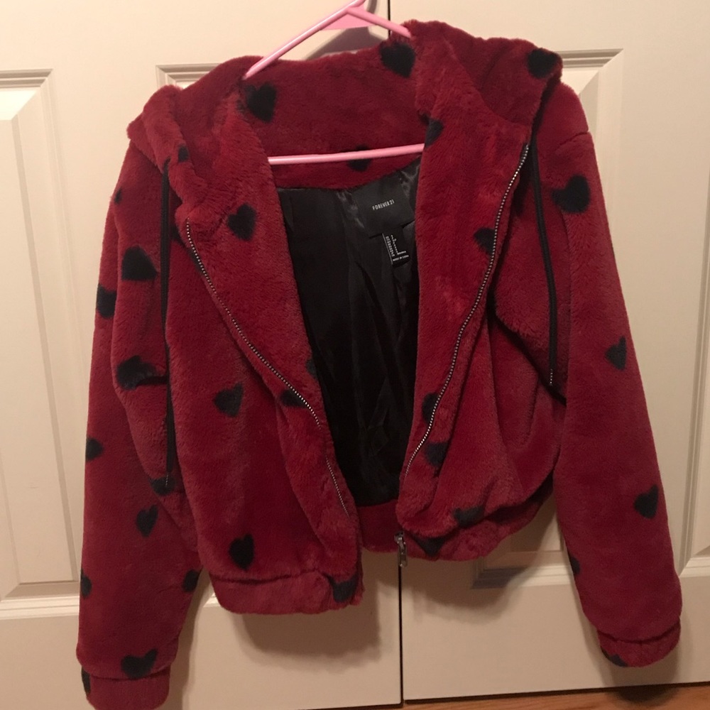 Red fur zip up bomber jacket